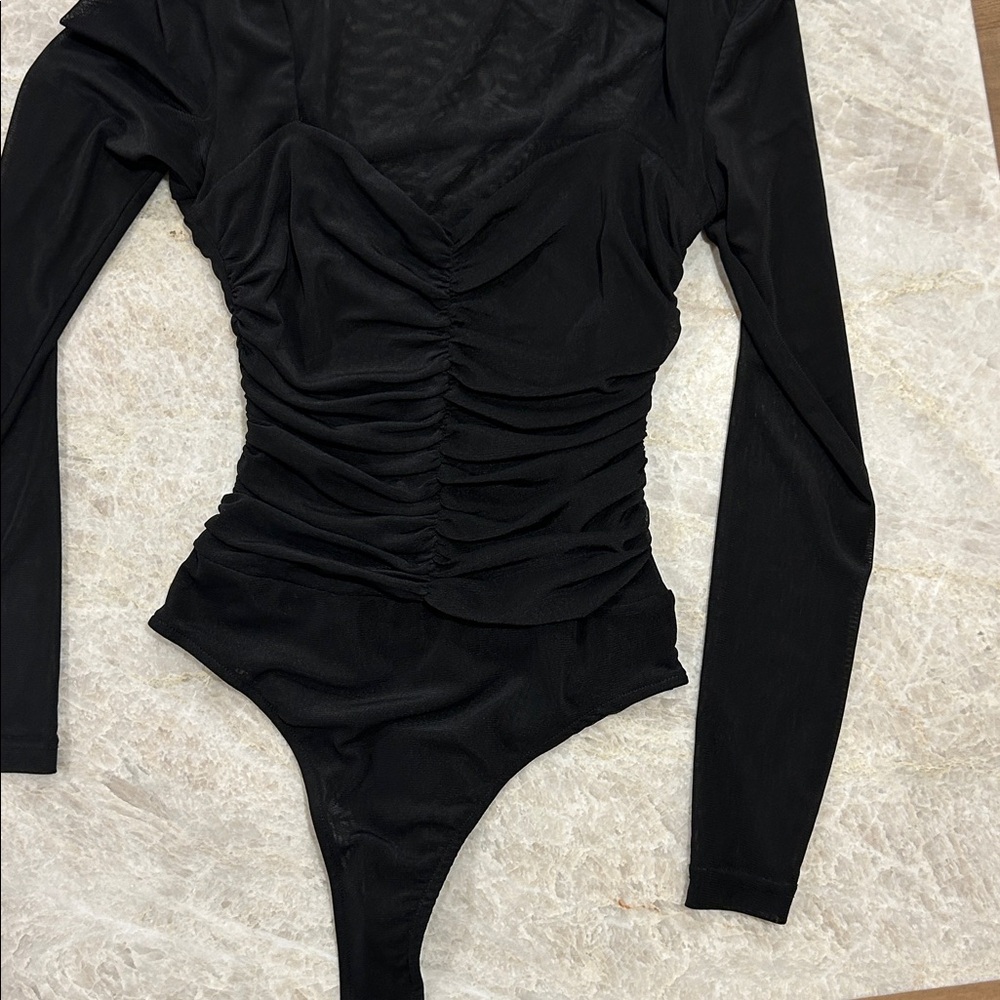 Aqua Black Long-Sleeve Ruched V-Neck Bodysuit